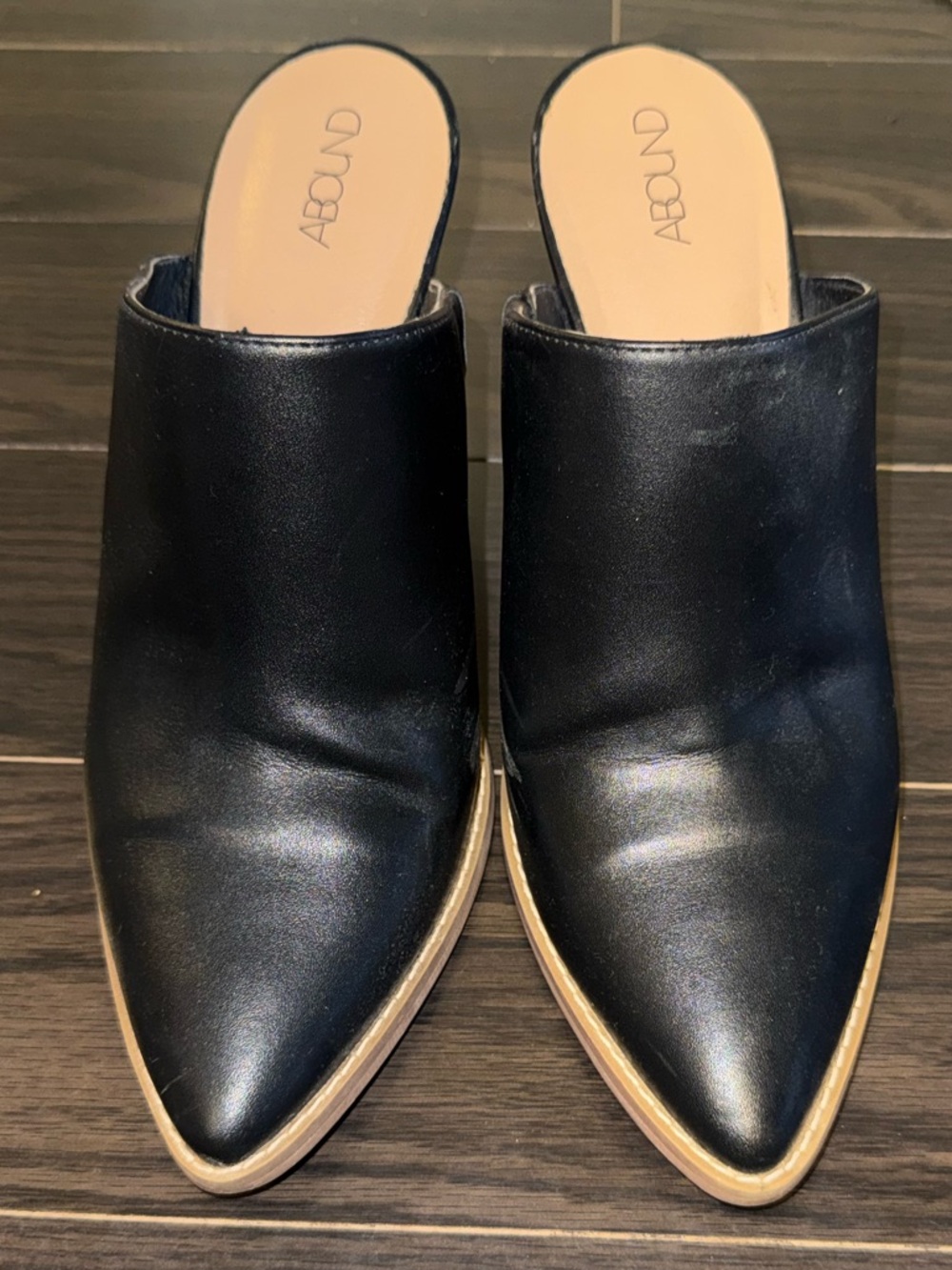 Abound Black Pointed Slip-On Leather Mules with Tan Trim